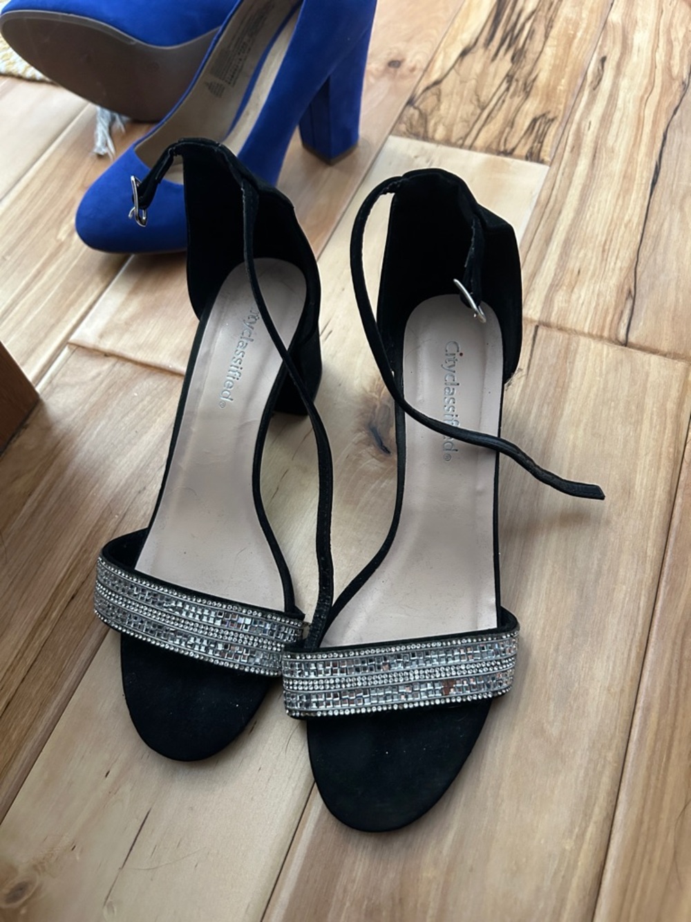 Cityclassified Black Rhinestone-Strap Block Heels